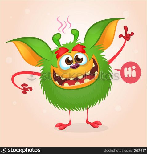 Happy green cartoon monster gremlin. Halloween vector illustration