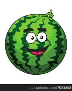 Happy green cartoon watermelon fruit with a cute squiggly stem and happy grin, isolated on white
