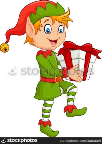 Happy green elf boy holding gifts