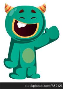 Happy green monster is waving to you vector illustration