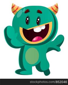 Happy green monster waving vector illustration
