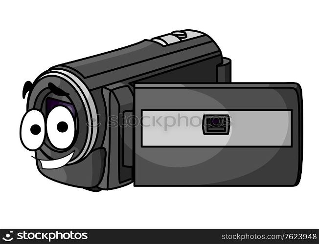 Happy grey cartoon video camera with an open viewfinder isolated on white