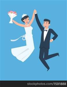 Happy groom and bride. Cartoon cheerful young wife and husband. Wedding couple in traditional suits, funny man and woman. Greeting card template, marriage ceremony invitations, vector illustration. Happy groom and bride. Cheerful young wife and husband, funny man and woman. Wedding couple in traditional suits. Greeting card template, marriage ceremony invitations, vector illustration