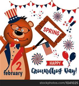 Happy Groundhog Day design in America with funny groundhog. Happy Groundhog Day design in America with cute and funny groundhog