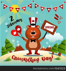 Happy Groundhog Day design in Canada with funny groundhog. Happy Groundhog Day design in Canada with cute and funny groundhog