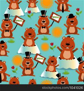 Happy Groundhog Day design seamless pattern with groundhogs. Happy Groundhog Day design seamless pattern with cute and funny groundhogs