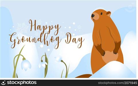 Happy Groundhog Day greeting card. Happy marmot Day Typographic Vector Design with Cute Groundhog Character - Advertising Poster. Happy Groundhog Day greeting card. Happy marmot Day Typographic Vector Design with Cute Groundhog Character - Advertising Poster.