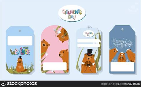 Happy Groundhog Day. Set of marmots tags. Text lettering for greeting card. Vector cartoon illustration. Cute stickers or tags or banner of marmot day as funny marmot cartoon. February 2.. Happy Groundhog Day. Set of marmots tags. Text lettering for greeting card. Vector cartoon illustration. Cute stickers or tags or banner of marmot day as funny marmot cartoon. February 2