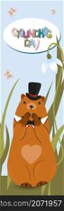 Happy groundhog Day. vertical banner of marmots. Text lettering for greeting card. Vector cartoon illustration. Cute marmot day poster as a funny woodchuck cartoon. February 2.. Happy groundhog Day. vertical banner of marmots. Text lettering for greeting card. Vector cartoon illustration. Cute marmot day poster as a funny woodchuck cartoon. February 2
