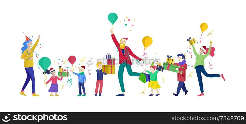 Happy group of children having fun at birthday party. Happy Christmas Day Celebrating together happy. Group of cartoon people in Santa hats and children. Jump and throw gift. ??????