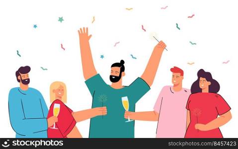 Happy group of people celebrating together. Flat vector illustration. Men and women with sparklers, glasses of ch&agne, standing under confetti. Holiday, corporate party, friendship concept