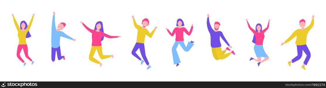 Happy group of people jumping. A team of people celebrating victory and success. Flat style. Vector illustration.