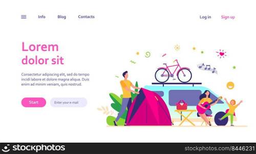 Happy group of tourists c&ing on nature isolated flat vector illustration. Cartoon friends with kids sitting near bonfire and trailer. Tourism, summer vacation and activity concept