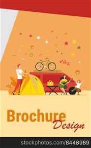 Happy group of tourists c&ing on nature isolated flat vector illustration. Cartoon friends with kids sitting near bonfire and trailer. Tourism, summer vacation and activity concept