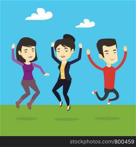 Happy group of young asian friends jumping in the park. Group of cheerful friends having fun and jumping outdoors. Friendship and lifestyle concept. Vector flat design illustration. Square layout.. Group of joyful young people jumping.