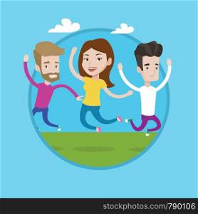 Happy group of young caucasian friends jumping. Group of cheerful friends having fun and jumping outdoors. Friendship concept. Vector flat design illustration in the circle isolated on background.. Group of joyful young people jumping.