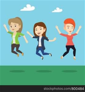 Happy group of young caucasian friends jumping in the park. Group of cheerful friends having fun and jumping outdoors. Friendship and lifestyle concept. Vector flat design illustration. Square layout.. Group of joyful young friends jumping.