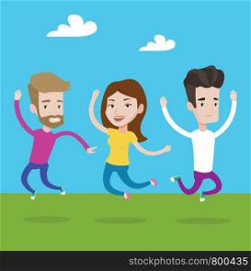 Happy group of young caucasian people jumping in the park. Group of cheerful friends having fun and jumping outdoors. Friendship and lifestyle concept. Vector flat design illustration. Square layout.. Group of joyful young people jumping.