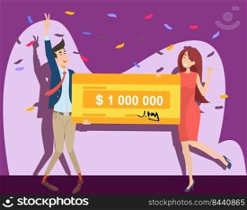 Happy guy and girl winning million dollars flat vector illustration. Young winners holding money bank cheque from jackpot. Lottery gain, prize and grant concept