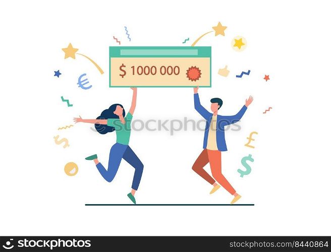 Happy guy and girl winning money prize. Jackpot winners holding bank check for one million dollars. Can be used for fortune, luck, lottery topics