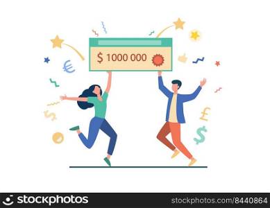 Happy guy and girl winning money prize. Jackpot winners holding bank check for one million dollars. Can be used for fortune, luck, lottery topics