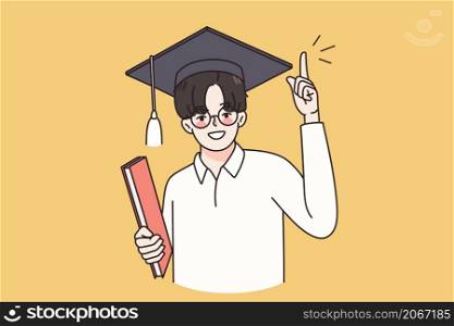 Happy guy in glasses and graduation cap feel overjoyed with school or college finish. Smiling man excited proud with university accomplishment. Education success concept. Vector illustration. . Happy guy in cap excited with school graduation