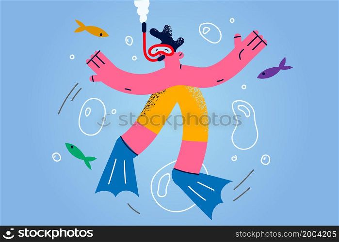 Happy guy in scuba diving in ocean on summer holidays. Smiling boy in swimwear and swim fins snorkeling under water enjoy marine activity on vacation. Active weekend. Flat vector illustration. . Happy guy in scuba snorkeling under water