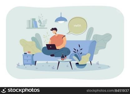 Happy guy sitting on sofa and working from home flat vector illustration. Cartoon businessman chatting with colleagues online via laptop computer. Freelance and distance work concept