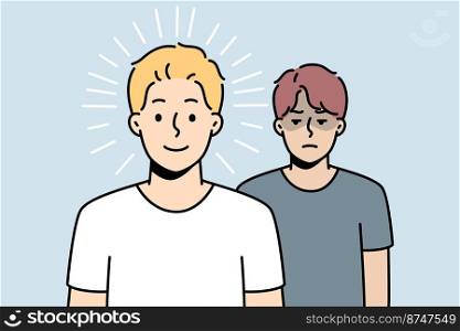 Happy guy stands in front of sad one. Gloomy man is after joyful one. Boy is jealous of success of friend, neighbor, wants to take revenge, harm him. Winner, looser. Vector outline illustration.. Happy guy stands in front of sad one. Winner, looser.
