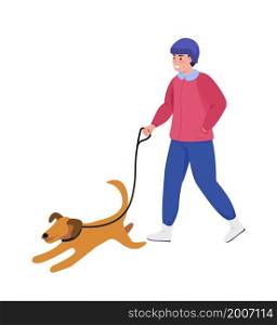Happy guy with dog semi flat color vector character. Walking figure. Full body person on white. Winter season isolated modern cartoon style illustration for graphic design and animation. Happy guy with dog semi flat color vector character