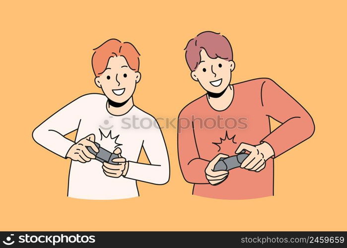 Happy guys playing video games holding joysticks. Smiling men gamers have fun together enjoy console videogame on TV or computer. Leisure time and relaxation. Vector illustration. . Happy guys have fun playing video games