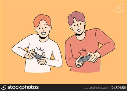 Happy guys playing video games holding joysticks. Smiling men gamers have fun together enjoy console videogame on TV or computer. Leisure time and relaxation. Vector illustration. . Happy guys have fun playing video games