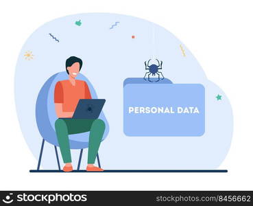 Happy hacker stealing personal data. Computer, laptop, spider flat vector illustration. Digital technology and information concept for banner, website design or landing web page