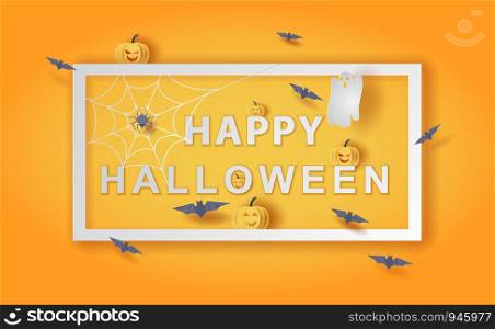 Happy Halloween background.Holiday enjoy funny horror party template.Creative minimal paper cut and craft style scene place of your text.Festival sale with bat and pumpkin frame concept.vector EPS10