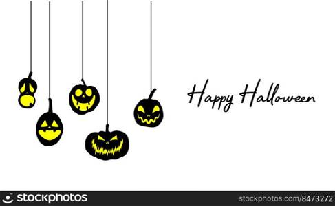 Happy Halloween background. Pumpkins with scary glowing faces. Vector illustration.