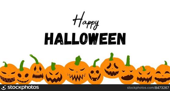 Happy Halloween background. Pumpkins with scary smiling faces. Vector flat style illustration.