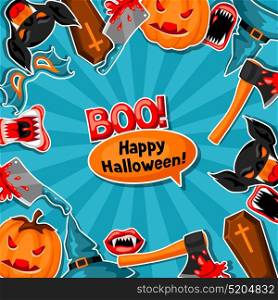 Happy Halloween background with cartoon holiday sticker symbols. Invitation to party or greeting card. Happy Halloween background with cartoon holiday sticker symbols. Invitation to party or greeting card.