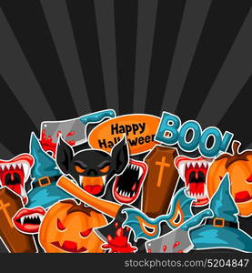 Happy Halloween background with cartoon holiday sticker symbols. Invitation to party or greeting card. Happy Halloween background with cartoon holiday sticker symbols. Invitation to party or greeting card.