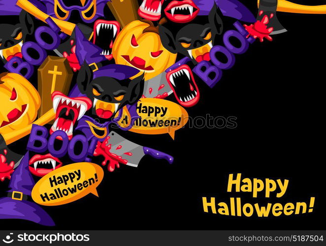 Happy Halloween background with cartoon holiday symbols. Invitation to party or greeting card. Happy Halloween background with cartoon holiday symbols. Invitation to party or greeting card.