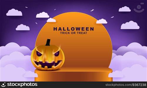 Happy Halloween background with night clouds and pumpkins in paper cut art and craft.