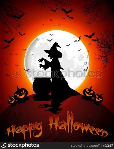 Happy Halloween background with witch and pumpkins on the full moon. vector