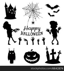 Happy Halloween banner with headline and images of haunted house, zombies and creepy pumpkin, owl and spider with cobweb on vector illustration. Happy Halloween Banner on Vector Illustration