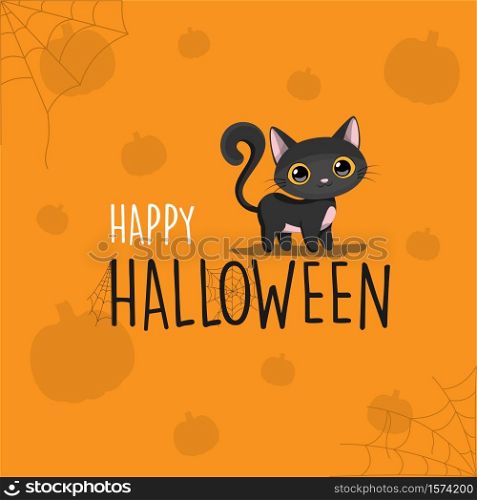 Happy Halloween black cat cartoon orange background, vector illustration