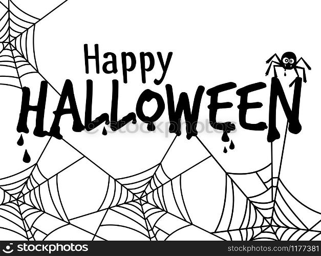 Happy Halloween black text banner vector design with spider and spiderweb. Halloween text banner with spider vector illustration