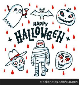 Happy Halloween card. Cartoon pumpkins, mummy, bat, ghost and skulls on white background with red blood drops. Vector illustration.. Happy Halloween card. Cartoon pumpkins, mummy, bat, ghost and skulls on white background with red blood drops. Vector illustration