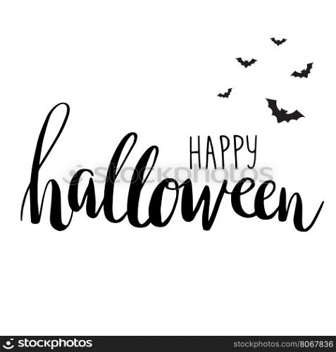 Happy halloween card. Cute halloween invitation or greeting card template with black bats on hand written lettering phrase Happy Halloween. Can be used for banner, poster and web design