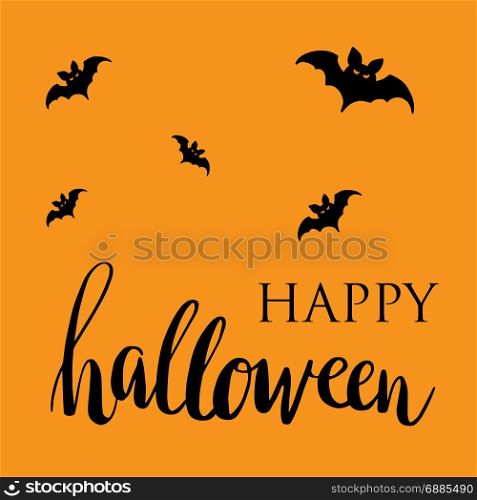 Happy Halloween card. Flat design.. Happy Halloween card with black bats on orange background and lettering phrase. Orange background. Vector illustration