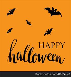 Happy Halloween card. Flat design.. Happy Halloween card with black bats on orange background and lettering phrase. Orange background. Vector illustration