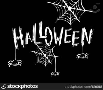 Happy halloween card. Halloween card or banner lettering design. Vector holiday calligraphy with spider and web on black background. Happy Halloween concept. For poster, banner, greeting card, invitation.