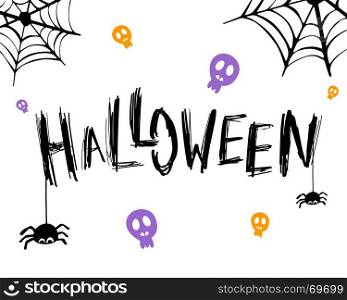 Happy halloween card. Halloween card or banner lettering design. Vector holiday calligraphy with spider and web on white background. Happy Halloween concept. For poster, banner, greeting card, invitation.